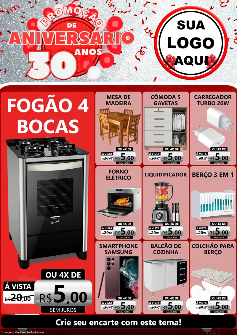 Modelo de Encarte para Encarte A4 Vertical com o tema Promoção de Aniversário - 30 Anos para Móveis e Eletro