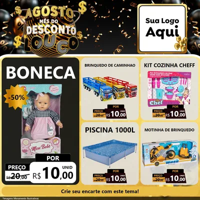 Modelo de Rede Social para Feed Facebook com o tema Agosto Mês do Desconto Louco para Brinquedos