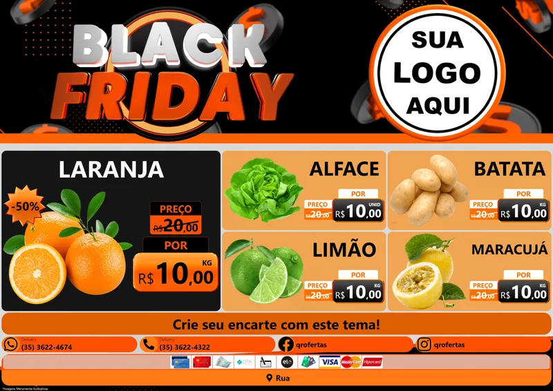 Modelo de Encarte para Encarte A4 Horizontal com o tema Black Friday para Hortifrúti