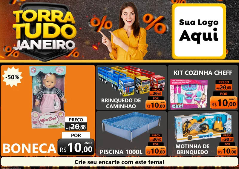 Modelo de Encarte para Encarte A4 Horizontal com o tema Torra Tudo Janeiro para Brinquedos