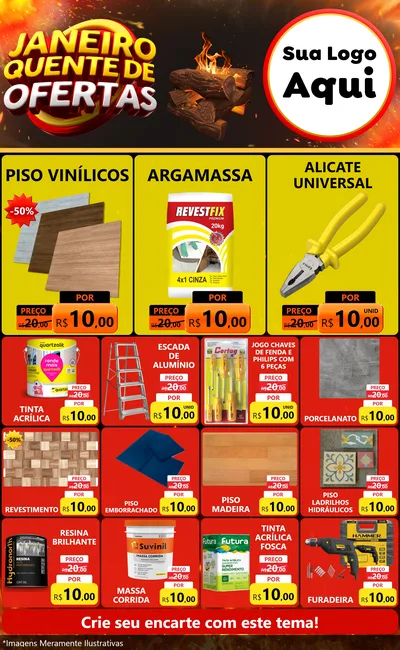 Modelo de Encarte para Encarte Grande com o tema Janeiro Quente de Ofertas para Material para Construção