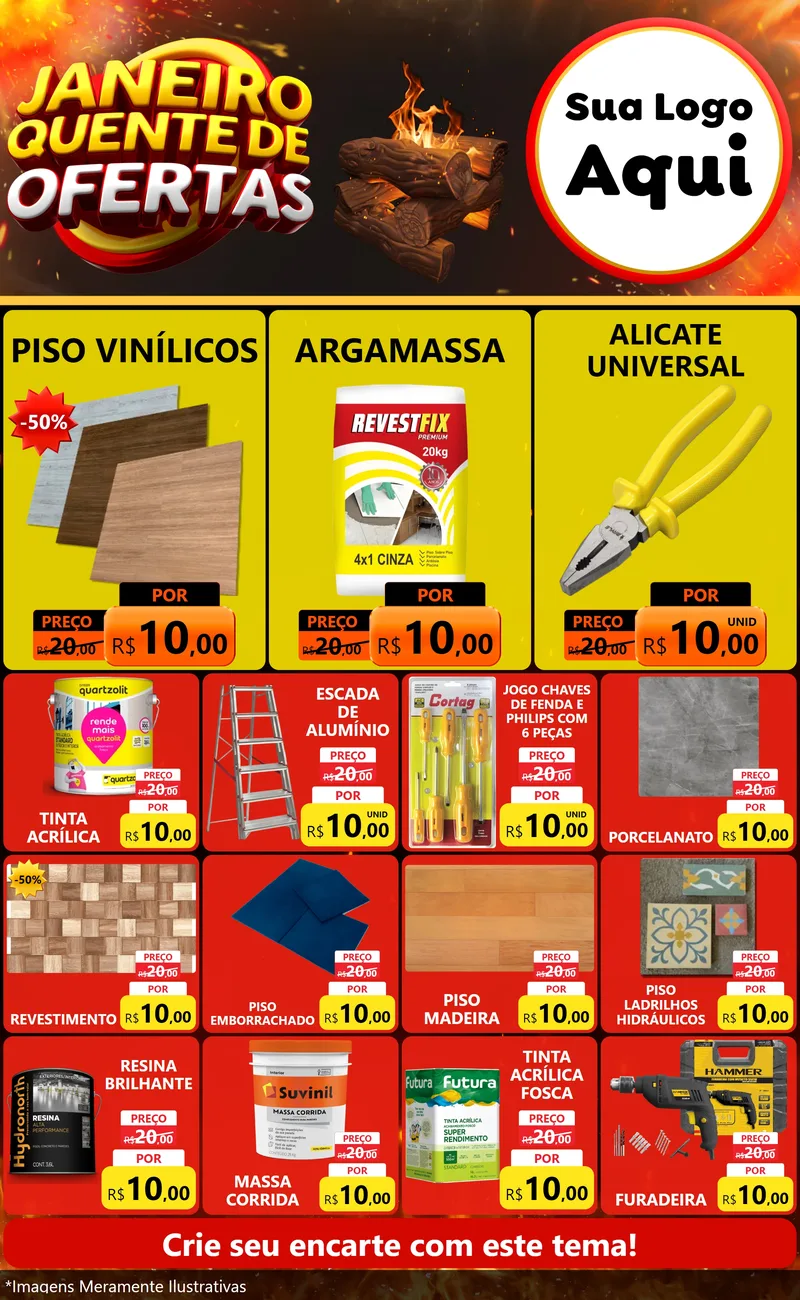 Modelo de Encarte para Encarte Grande com o tema Janeiro Quente de Ofertas para Material para Construção