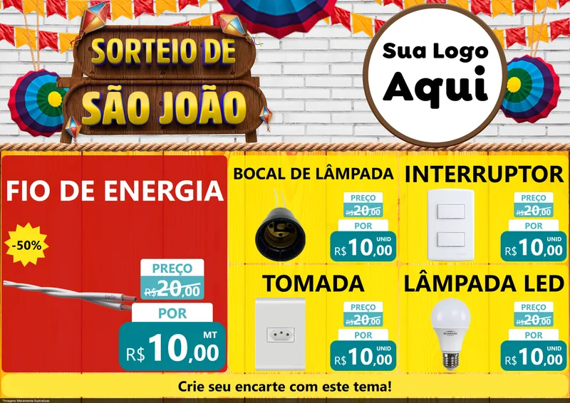 Modelo de Encarte para Encarte A4 Horizontal com o tema Sorteio de São João para Materiais Elétricos
