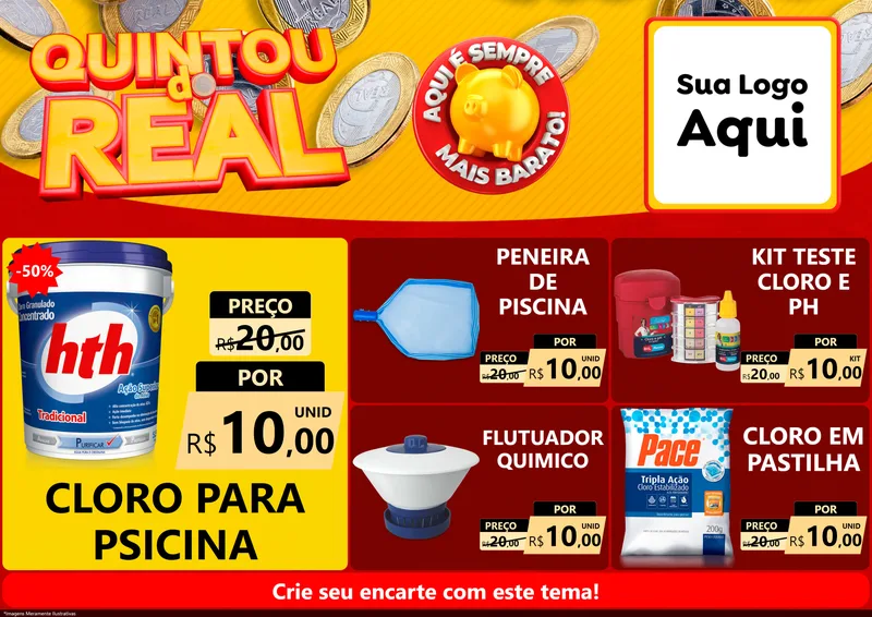 Modelo de Encarte para Encarte A4 Horizontal com o tema Quintou do Real para Produtos para Piscina