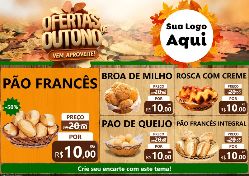 Modelo de Encarte para Encarte A4 Horizontal com o tema Ofertas de Outono - Vem, Aproveite! para Padaria