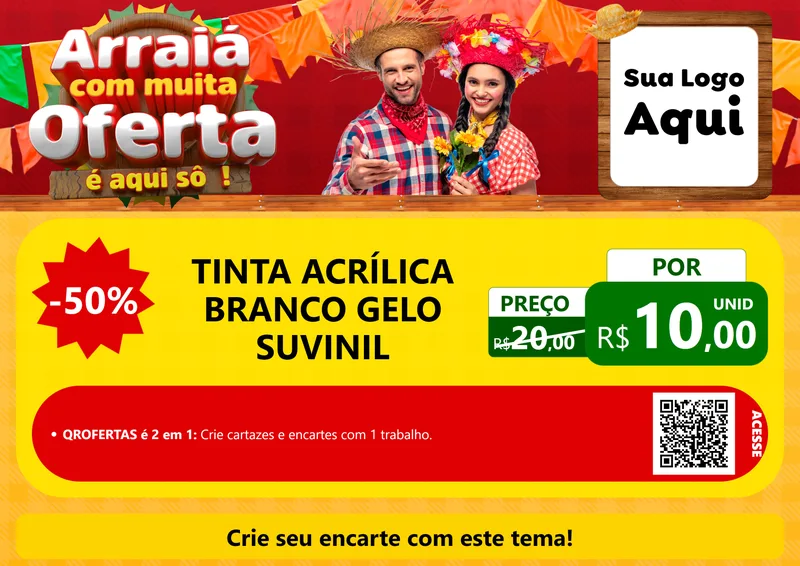 Modelo de Cartaz para Cartaz A4 Horizontal com o tema Arraiá Com Muita Oferta - É Aqui Sô! para Tintas e Ferramentas