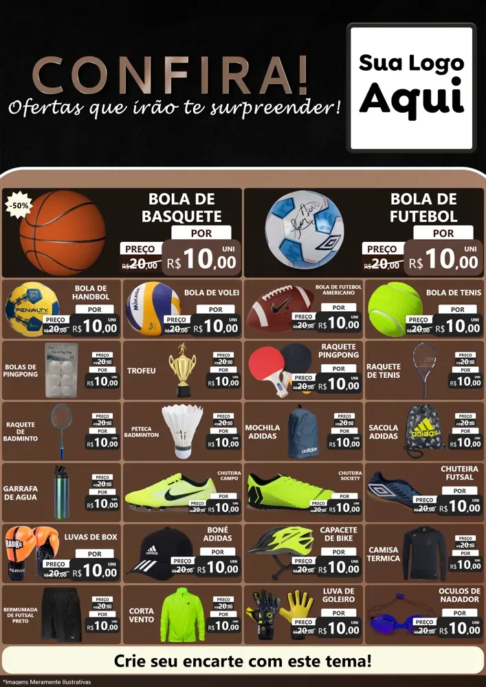 Modelo de Encarte para Encarte A4 Vertical com o tema Confira! Ofertas que irão te surpreender! para Artigos Esportivos