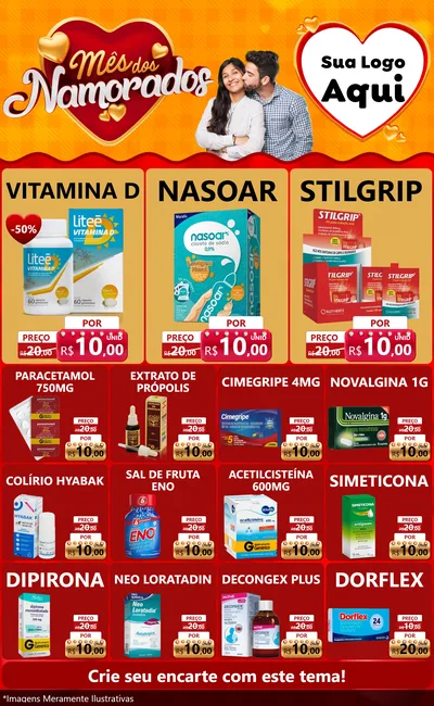 Modelo de Encarte para Encarte Grande com o tema Mês dos Namorados para Farmácia