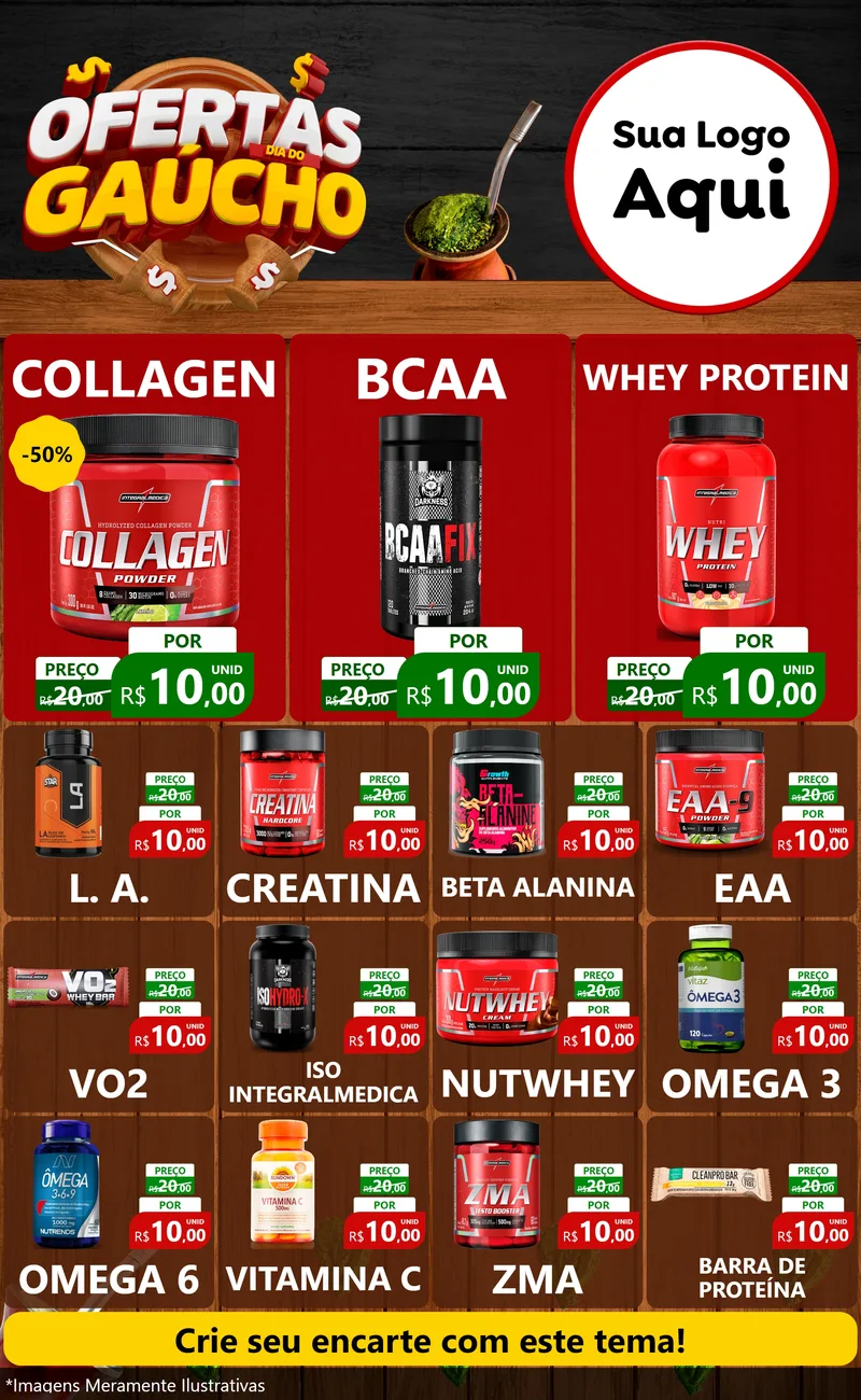 Modelo de Encarte para Encarte Grande com o tema Ofertas Dia do Gaúcho para Suplementos alimentares