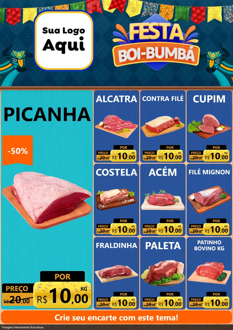 Modelo de Encarte para Encarte A4 Vertical com o tema Festa Boi Bumbá para Açougue