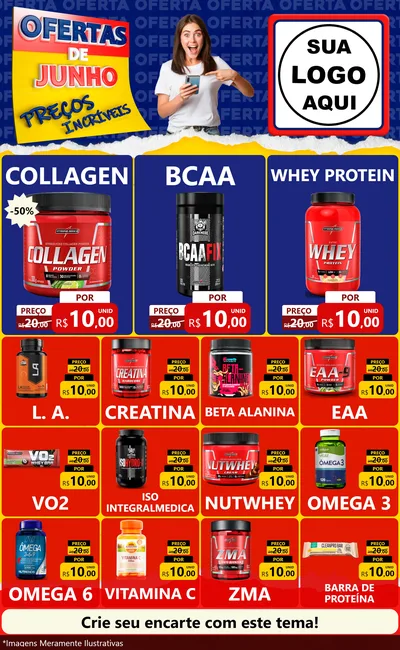 Modelo de Encarte para Encarte Grande com o tema Ofertas de Junho - Preços Incríveis para Suplementos alimentares