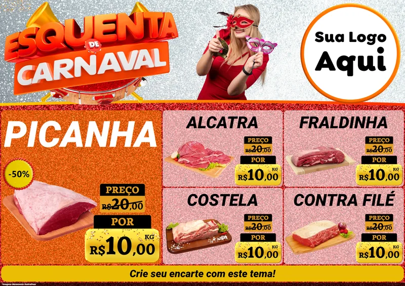 Modelo de Encarte para Encarte A4 Horizontal com o tema Esquenta de Carnaval para Açougue