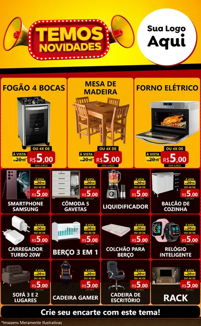 Modelo de Encarte para Encarte Grande com o tema Temos Novidades para Móveis e Eletro