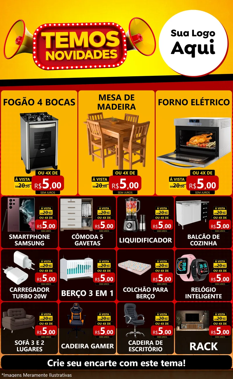 Modelo de Encarte para Encarte Grande com o tema Temos Novidades para Móveis e Eletro