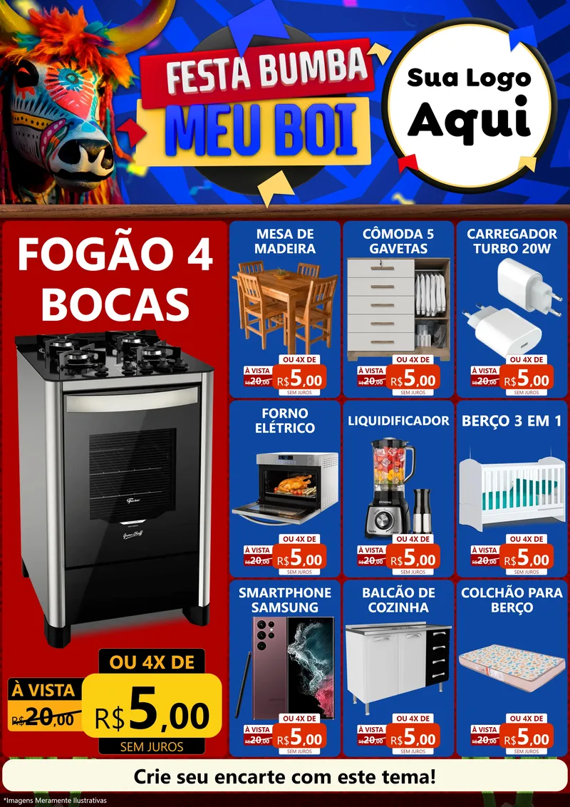 Modelo de Encarte para Encarte A4 Vertical com o tema Festa Bumba meu Boi para Móveis e Eletro