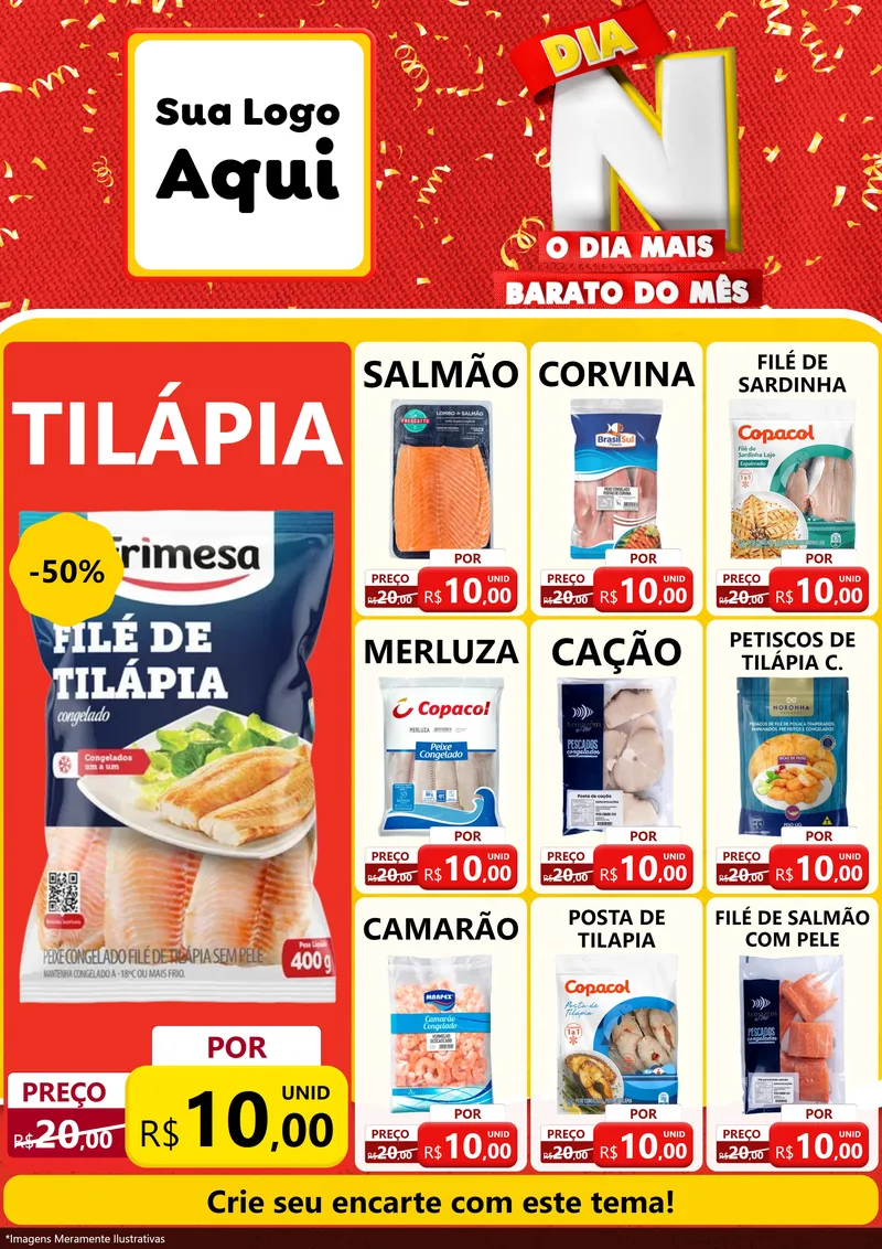 Modelo de Encarte para Encarte A4 Vertical com o tema Dia N o Dia Mais Barato do Mês para Peixaria