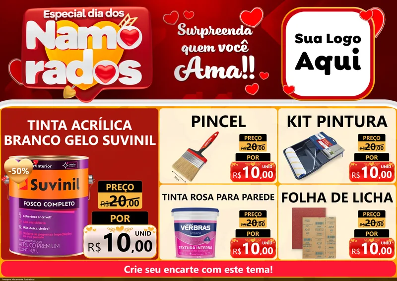 Modelo de Encarte para Encarte A4 Horizontal com o tema Especial Dia dos Namorados para Tintas e Ferramentas
