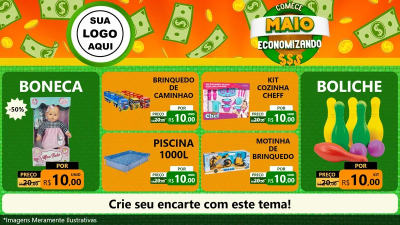Modelo de TV para TV Horizontal com o tema Comece Maio Economizando para Brinquedos