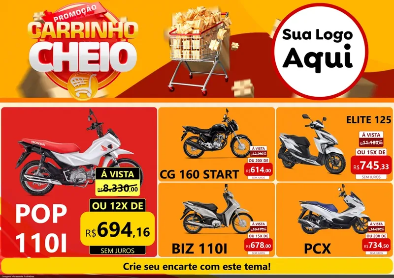 Modelo de Encarte para Encarte A4 Horizontal com o tema Promoção carrinho cheio para Concessionaria de Motos