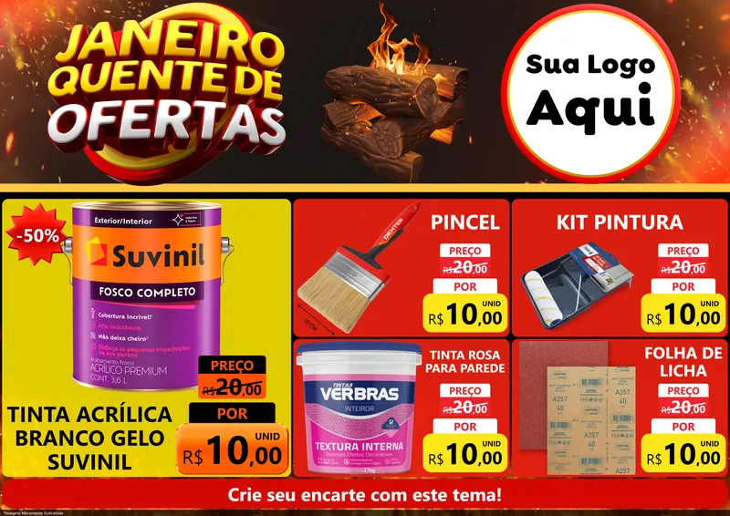 Modelo de Encarte para Encarte A4 Horizontal com o tema Janeiro Quente de Ofertas para Tintas e Ferramentas
