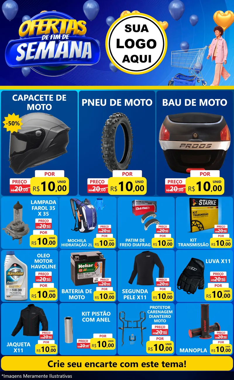Modelo de Encarte para Encarte Grande com o tema Ofertas de Fim de Semana para Moto peças