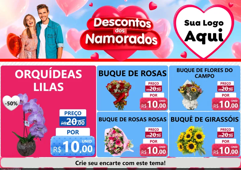 Modelo de Encarte para Encarte A4 Horizontal com o tema Descontos dos Namorados para Floricultura e jardim