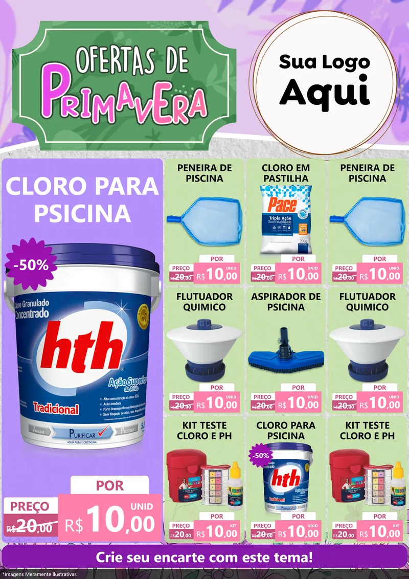 Modelo de Encarte para Encarte A4 Vertical com o tema Ofertas de Primavera para Produtos para Piscina