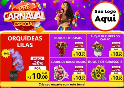 Modelo de Encarte para Encarte A4 Horizontal com o tema Pré-Carnaval Especial para Floricultura e jardim