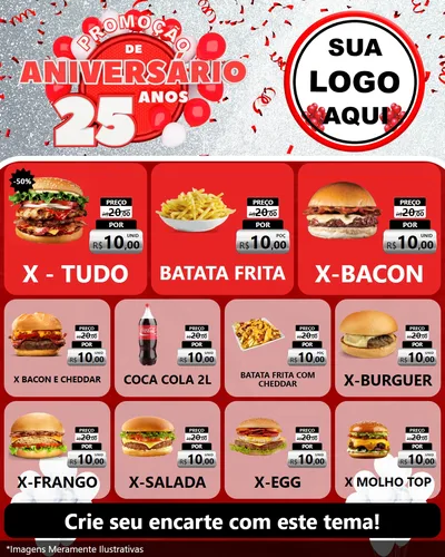 Modelo de Rede Social para Feed Instagram com o tema Promoção de Aniversário - 25Anos para Hamburgueria
