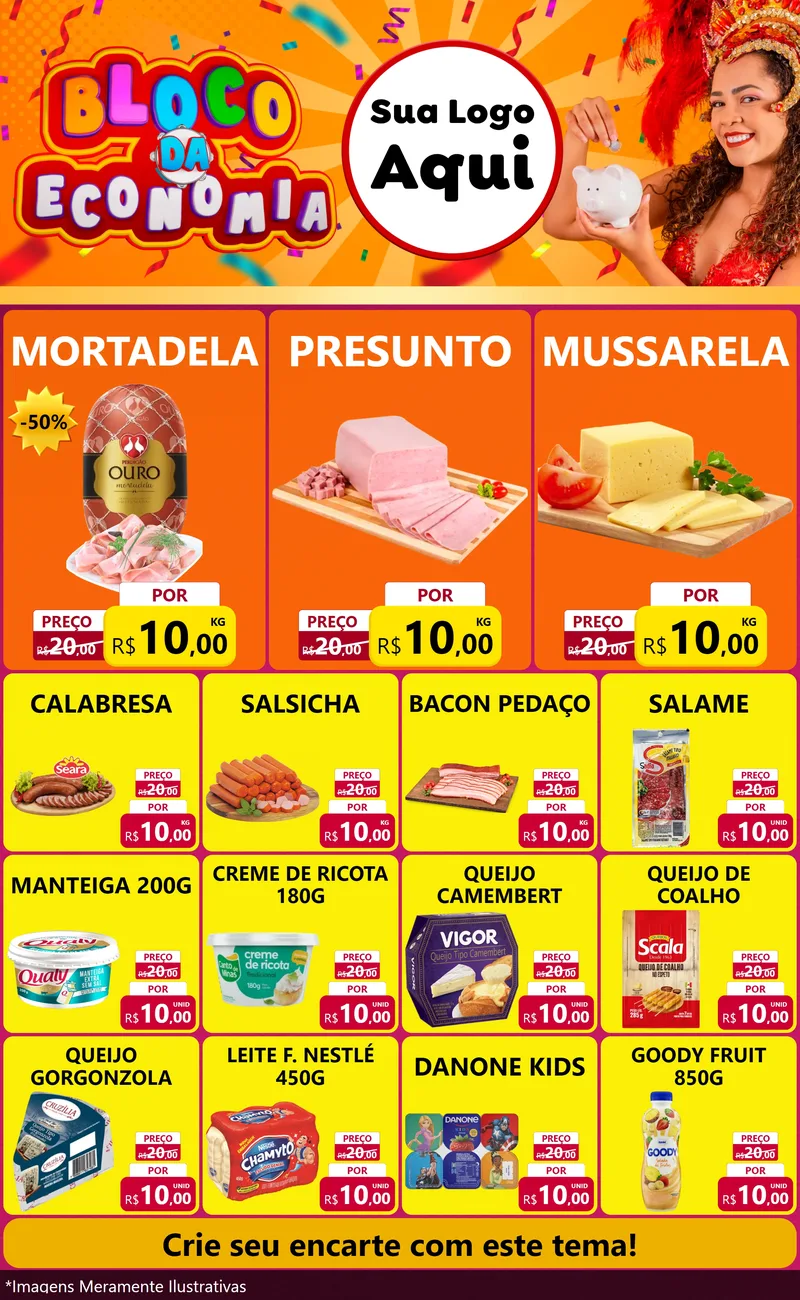 Modelo de Encarte para Encarte Grande com o tema Bloco da Economia para Frios e Laticínios