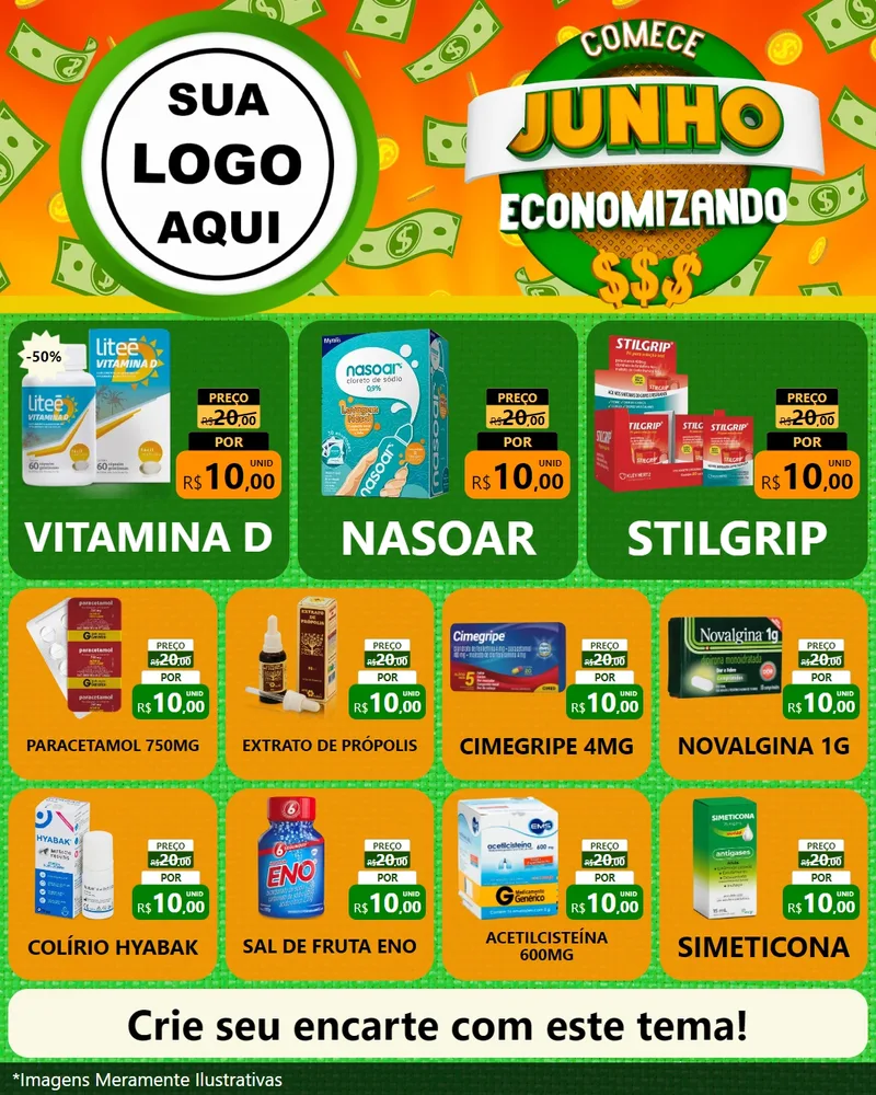 Modelo de Rede Social para Feed Instagram com o tema Comece Junho Economizando para Farmácia