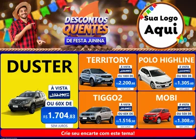 Modelo de Encarte para Encarte A4 Horizontal com o tema Descontos Quentes de Festa Junina para Concessionaria de Carros
