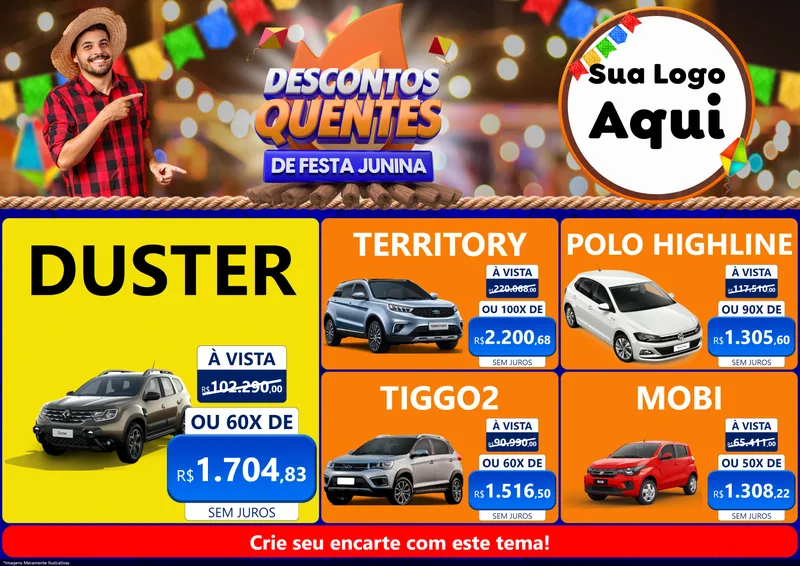 Modelo de Encarte para Encarte A4 Horizontal com o tema Descontos Quentes de Festa Junina para Concessionaria de Carros