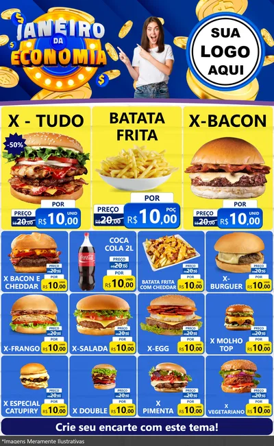 Modelo de Encarte para Encarte Grande com o tema Janeiro da Economia para Hamburgueria