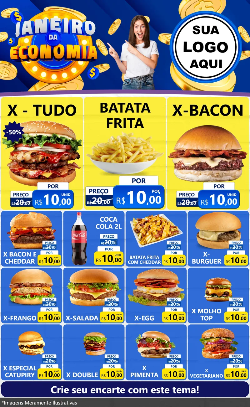 Modelo de Encarte para Encarte Grande com o tema Janeiro da Economia para Hamburgueria