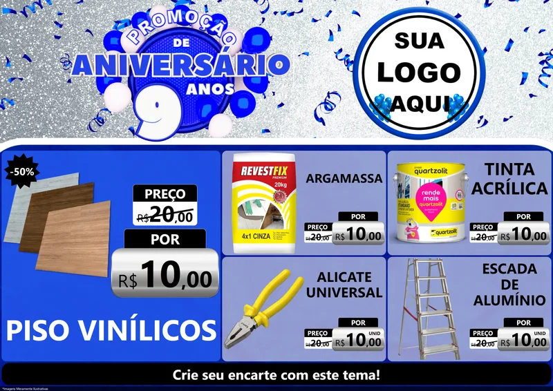 Modelo de Encarte para Encarte A4 Horizontal com o tema Promoção de Aniversário - 9 Anos para Material para Construção