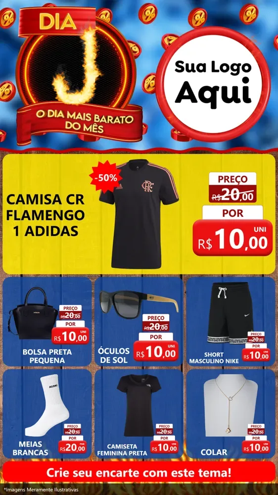 Modelo de Rede Social para Stories com o tema Dia J - O Dia Mais Barato Do Mês para Roupas e acessórios