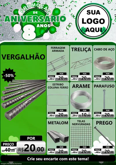 Modelo de Encarte para Encarte A4 Vertical com o tema Promoção de Aniversário - 8 Anos para Ferragens