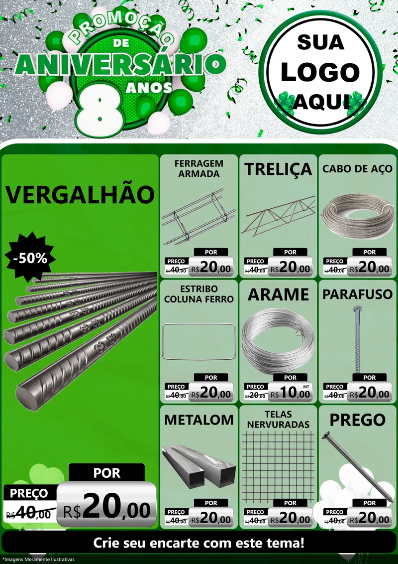 Modelo de Encarte para Encarte A4 Vertical com o tema Promoção de Aniversário - 8 Anos para Ferragens