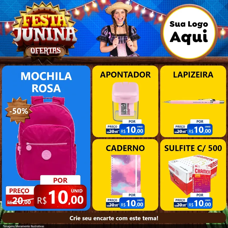 Modelo de Rede Social para Feed Facebook com o tema Festa Junina Ofertas para Papelaria