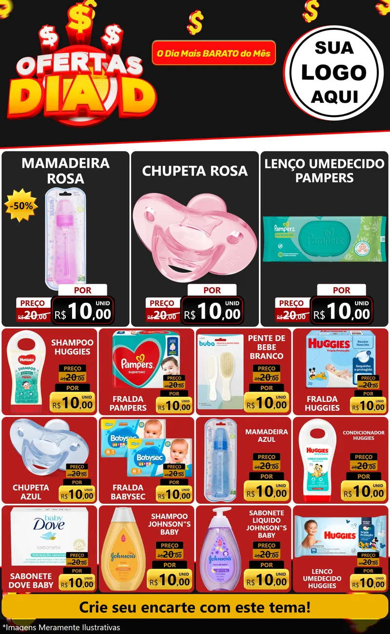 Modelo de Encarte para Encarte Grande com o tema Ofertas Dia D para Bebês