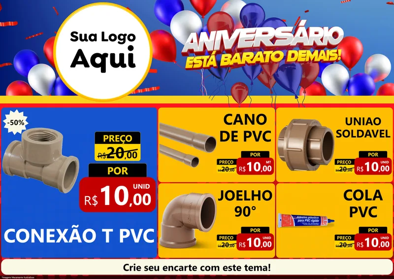 Modelo de Encarte para Encarte A4 Horizontal com o tema Aniversário para Tubos e conexões
