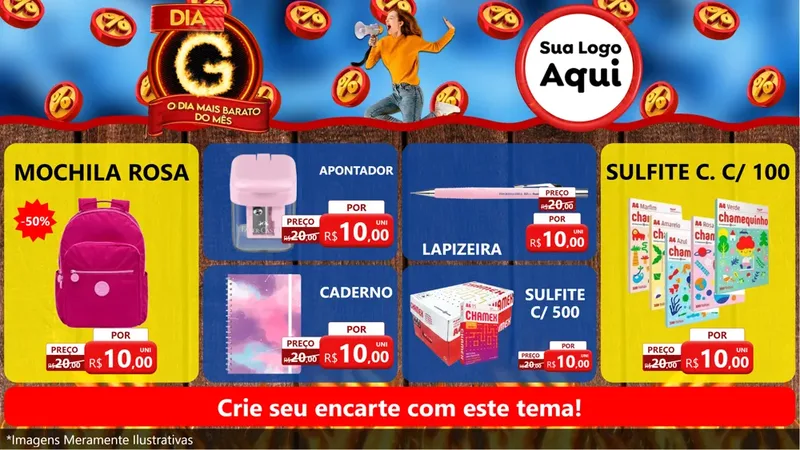 Modelo de TV para TV Horizontal com o tema Dia G - O Dia Mais Barato Do Mês para Papelaria
