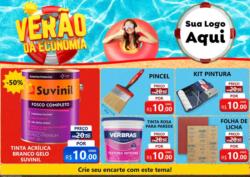Modelo de Encarte para Encarte A4 Horizontal com o tema Verão da Economia para Tintas e Ferramentas