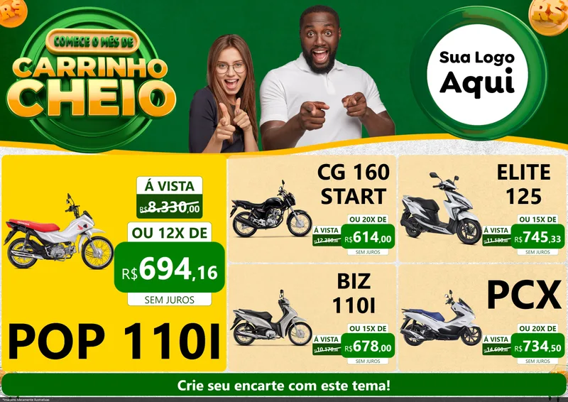 Modelo de Encarte para Encarte A4 Horizontal com o tema Carrinho Cheio para Concessionaria de Motos