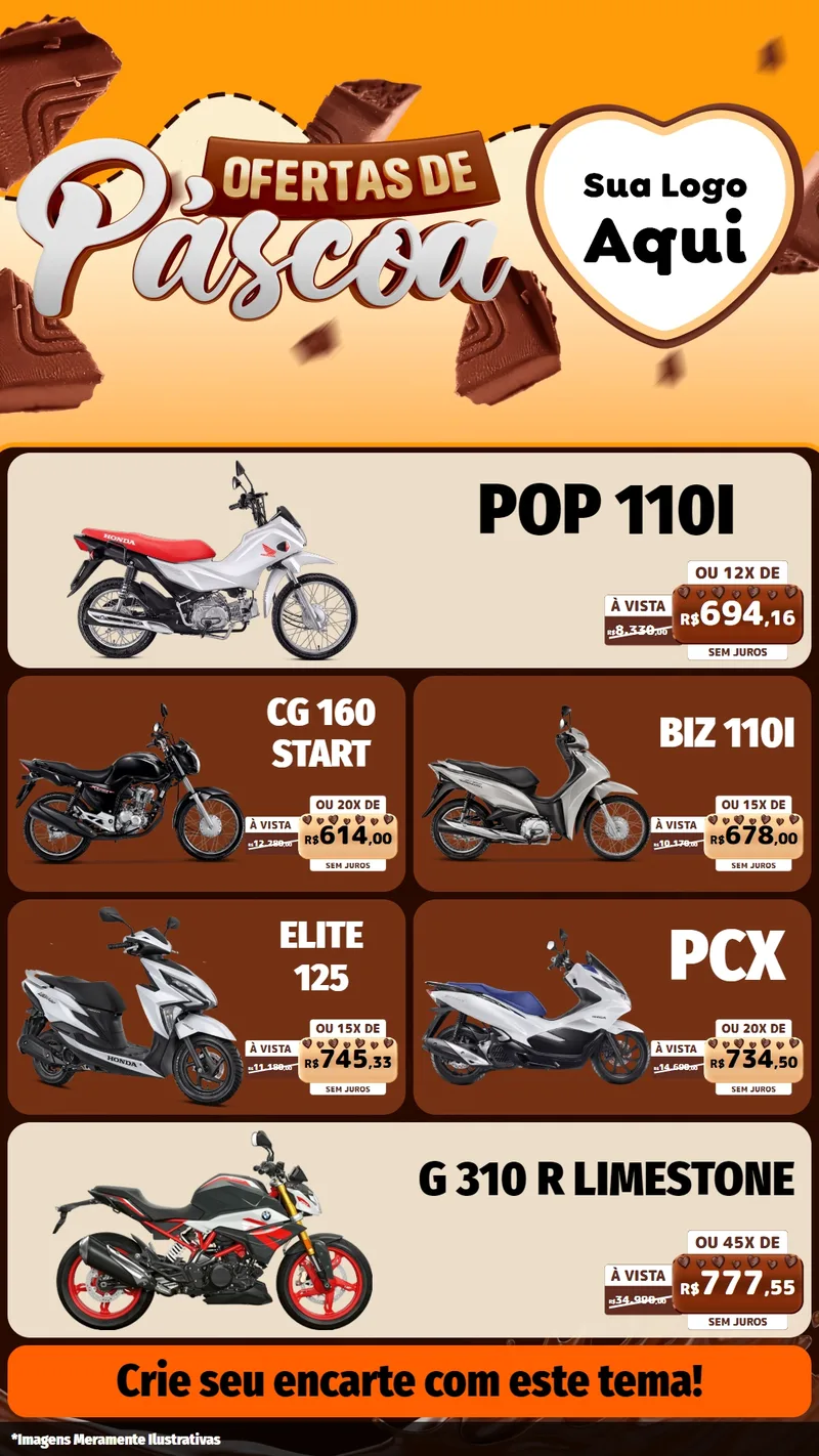 Modelo de TV para TV Vertical com o tema Ofertas de Páscoa para Concessionaria de Motos