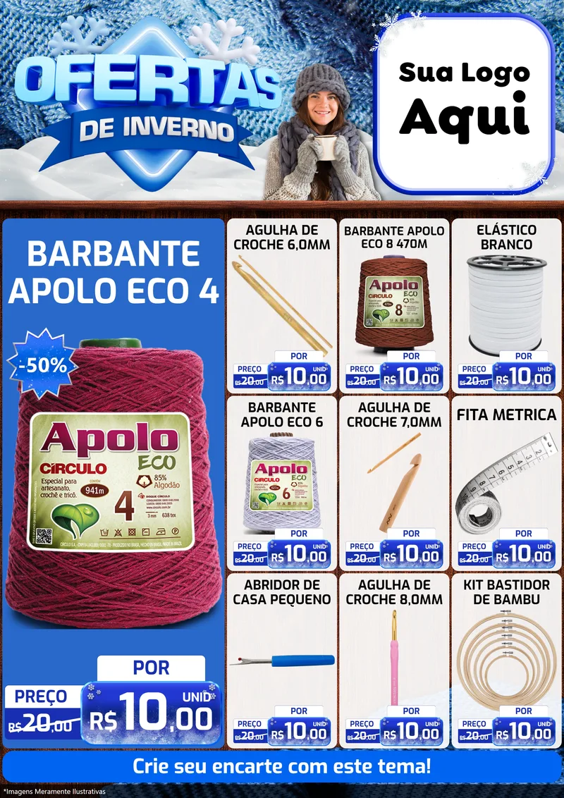 Modelo de Encarte para Encarte A4 Vertical com o tema Ofertas de Inverno para Armarinho e Aviamentos