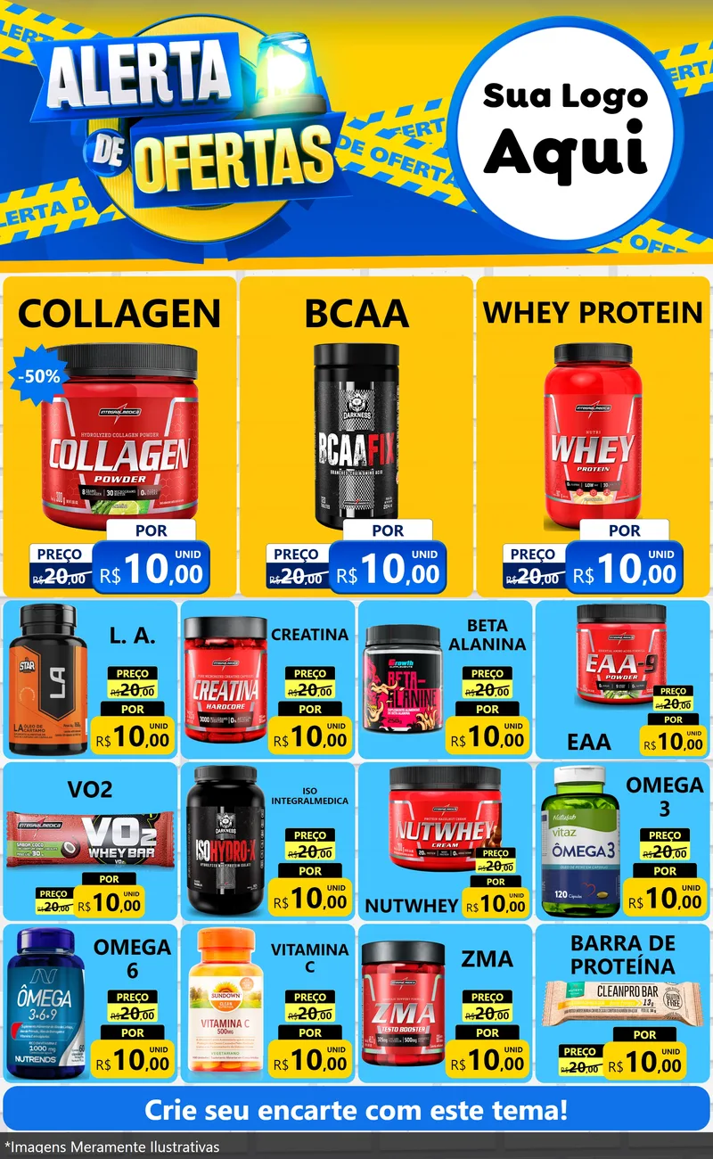 Modelo de Encarte para Encarte Grande com o tema Alerta de Ofertas para Suplementos alimentares