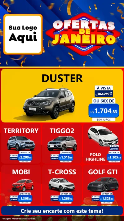 Modelo de Rede Social para Stories com o tema Ofertas de Janeiro para Concessionaria de Carros