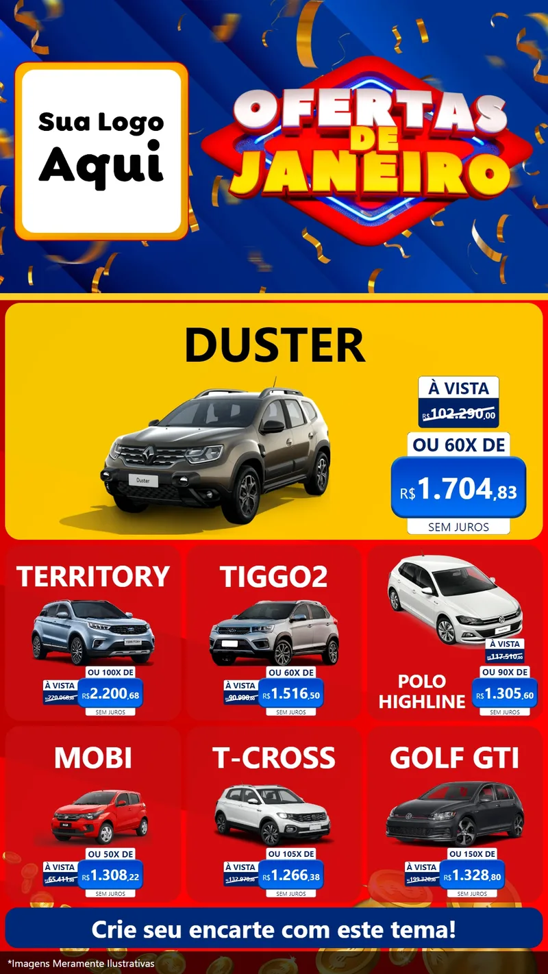 Modelo de Rede Social para Stories com o tema Ofertas de Janeiro para Concessionaria de Carros
